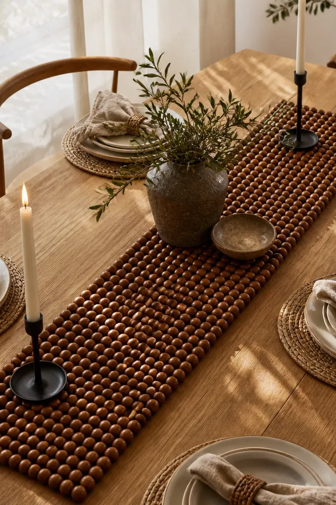 Narrow wood bead runner laid down the center of a dining table with two candles