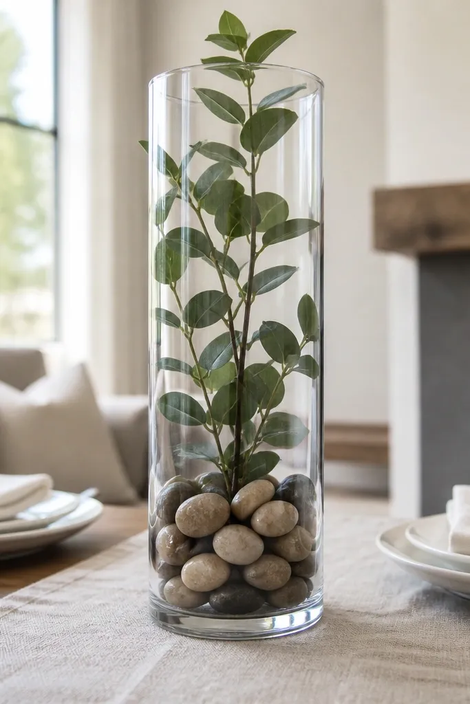 Tall clear glass cylinder vase with a single stem arrangement and a small pebble base