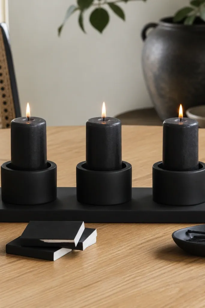 Three small candles in matching holders on a rectangular tray with a linen runner