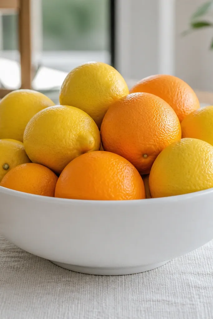 Large ceramic bowl filled with lemons and oranges on a dining table runner