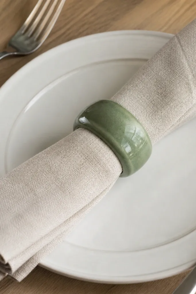 Rolled linen napkins held by a ceramic ring centered on a dining table