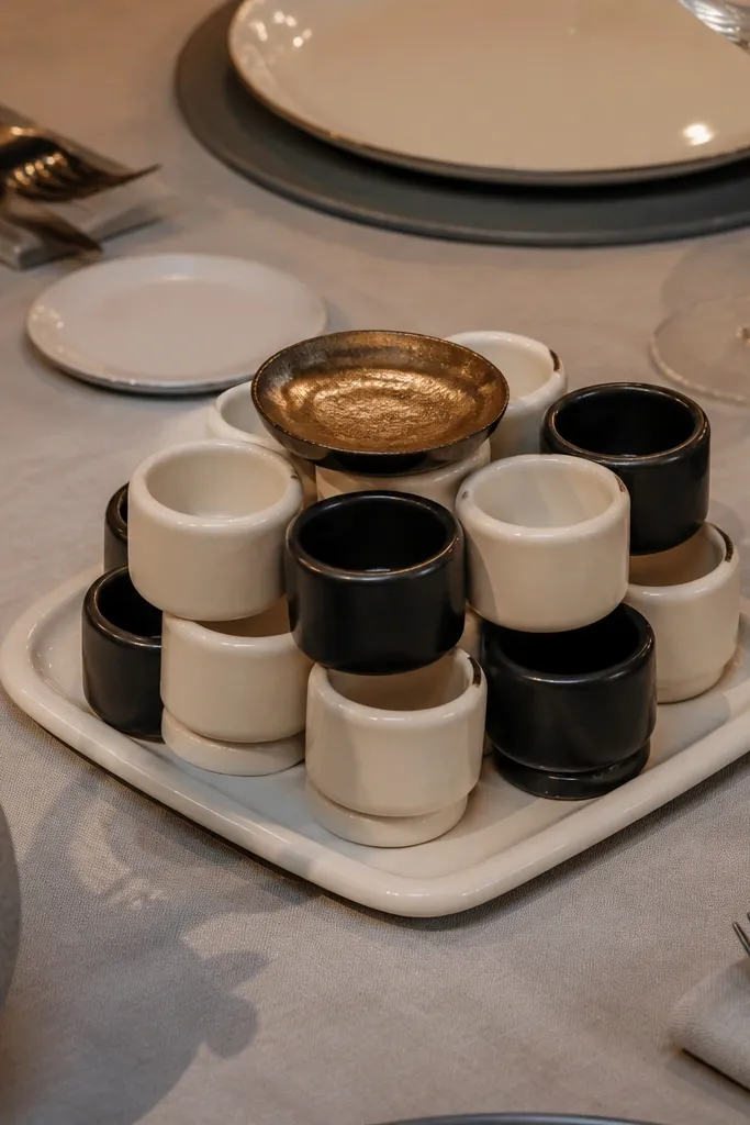 Flat ceramic tray holding two stacked candle cups and a small decorative object