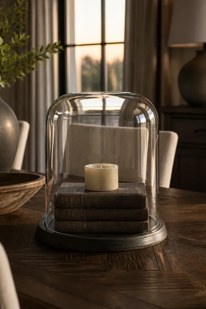Glass cloche covering a small stack of faux books with a candle inside