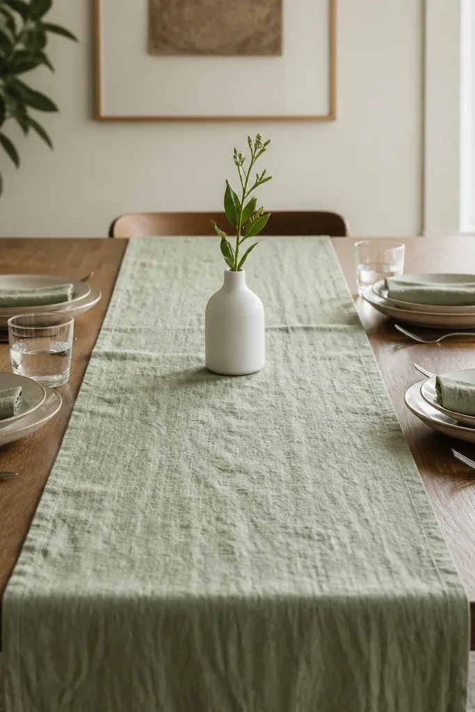Sage linen runner with one ceramic bud vase in the center
