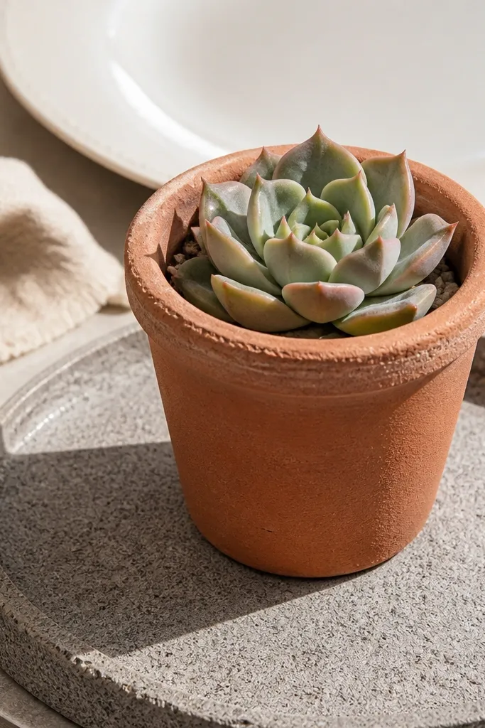 Terracotta planter with a small succulent on a stone-textured tray