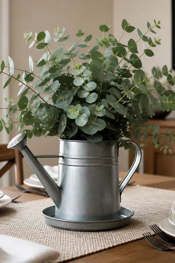 Metal watering can filled with faux eucalyptus branches on a table tray