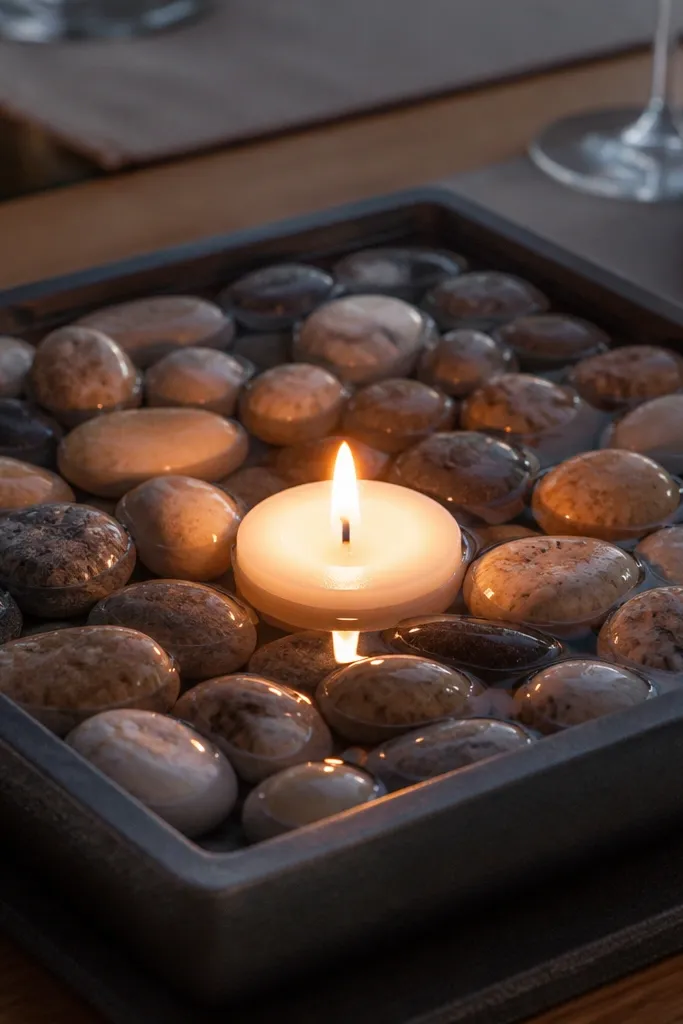 Rectangular tray filled with smooth stones and one floating candle in water