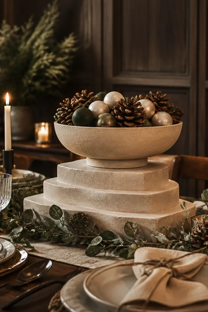 Step-style riser holding a bowl of matte ornaments in neutral colors