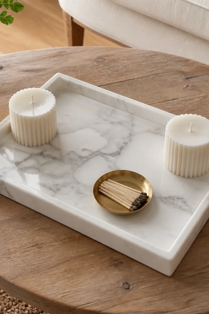 Marble-effect tray with two flat candles and a tiny dish for matches