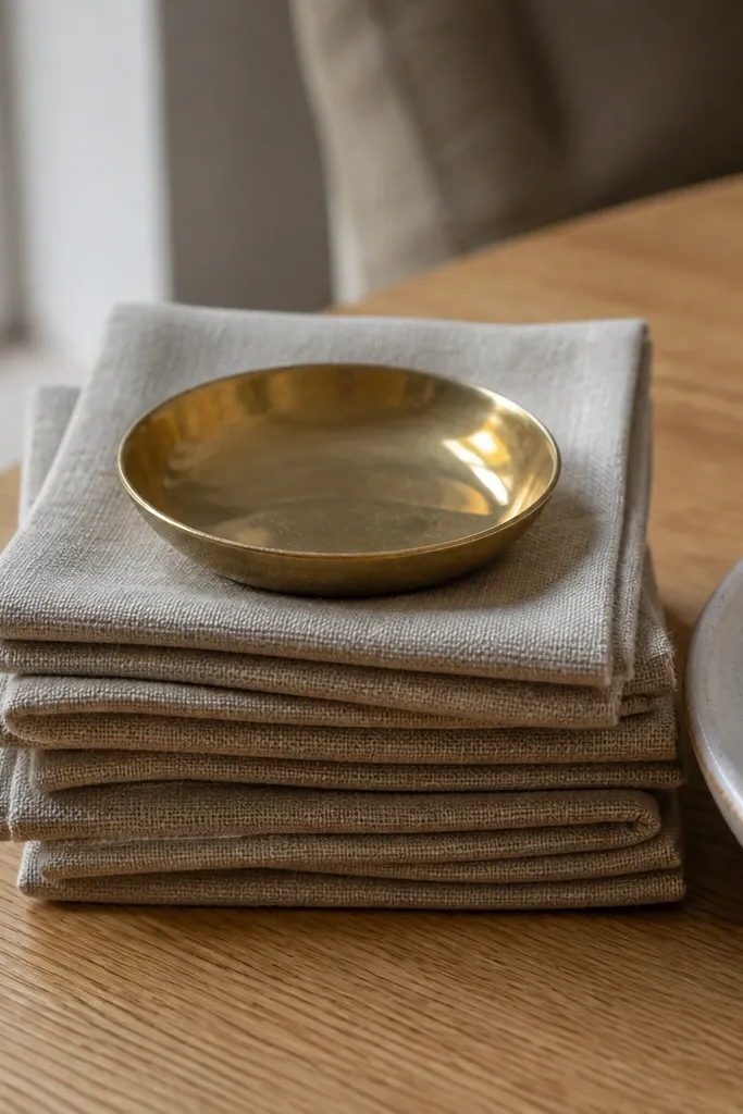 Stack of folded linen coasters with a small brass bowl centered on a tray