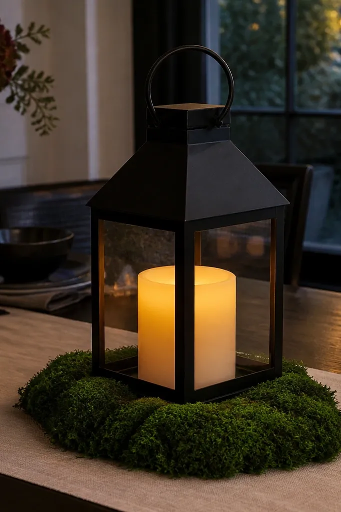 Matte black lantern with a battery candle and a base of faux moss on a tray
