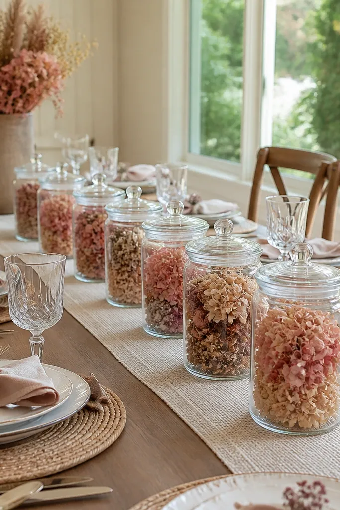 Three small glass jars in a row with dried stems in one color