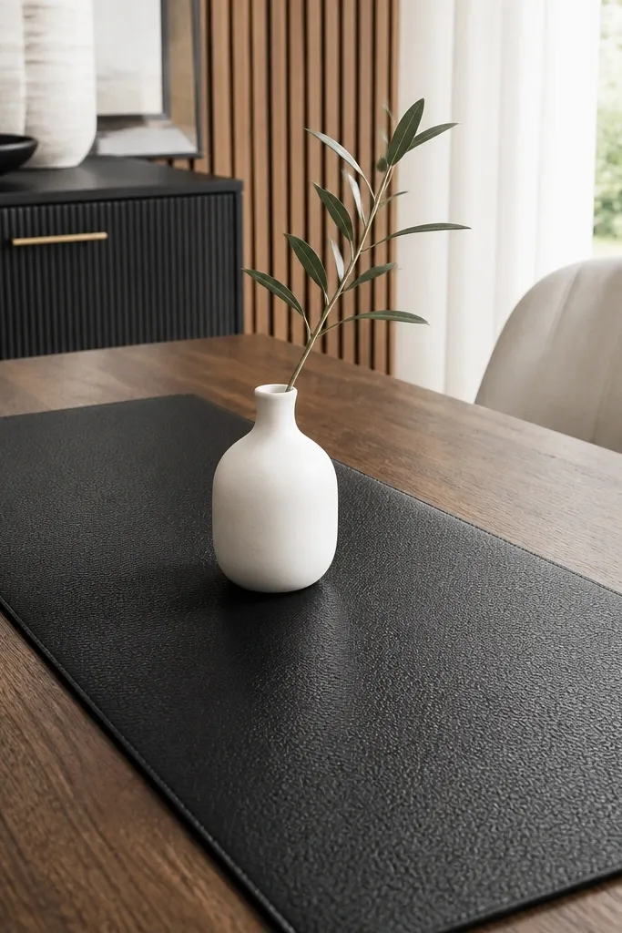 Leather-look placemat runner with one ceramic vase centered