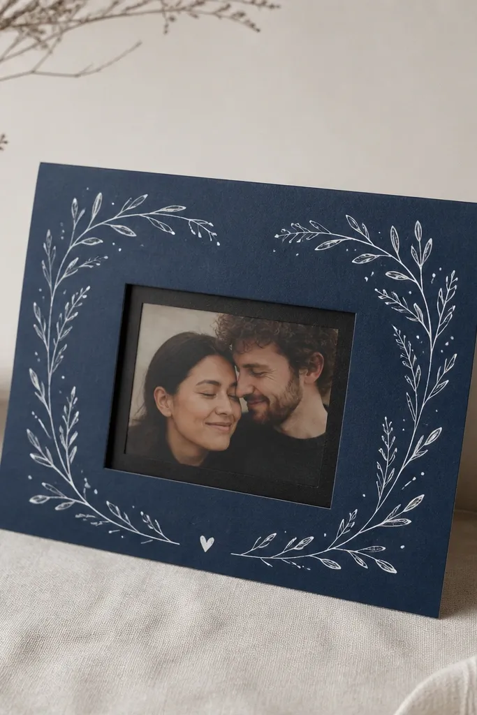 A folded A6 card with a rectangular cutout window. Behind the window is a small printed photo of two people, with a matte black border strip around the opening. The front has hand-lettered text in white gel pen on a deep navy panel.