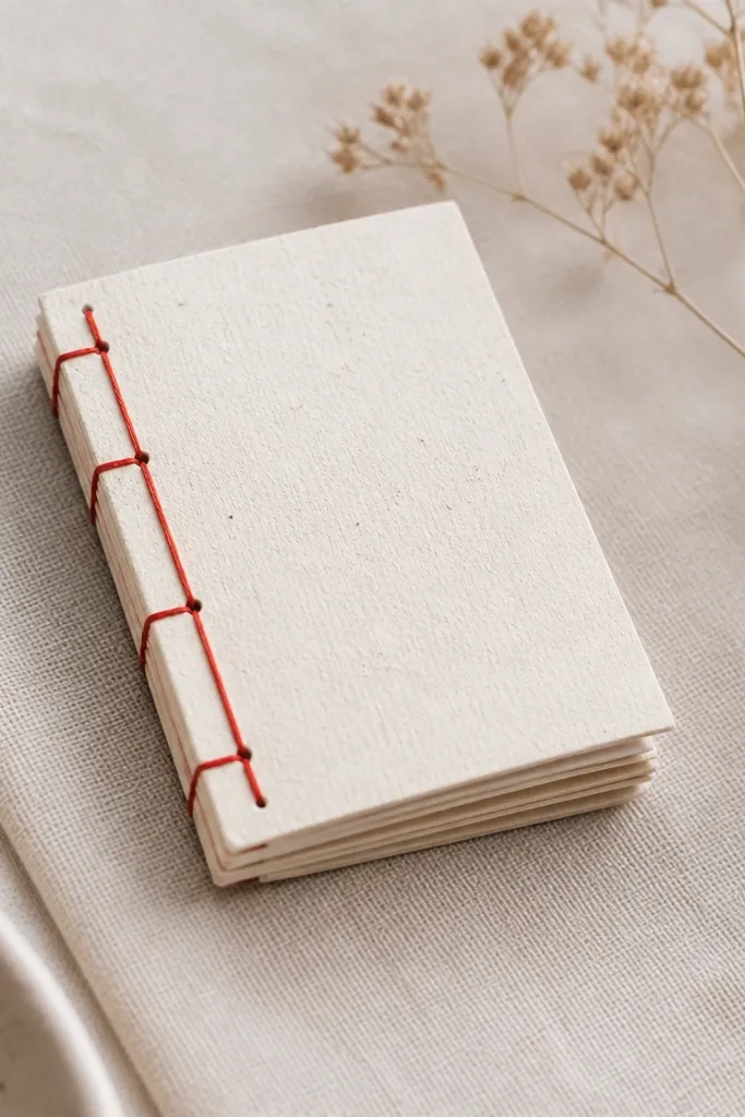 A small zine-style book about the size of a phone, made from folded paper pages. Each page has a single compliment typed or hand-written in black ink with a tiny icon in the corner. The cover is a textured cream cardstock with a red stitched binding look made with thread.