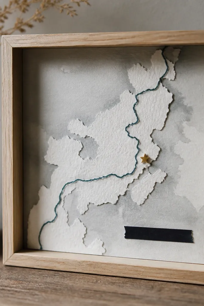 A small shadowbox frame containing a layered paper map. The background is muted gray watercolor paper, with a highlighted route drawn in dark teal. A tiny star sticker marks a favorite spot, and a label strip reads the place name in white lettering on black tape.