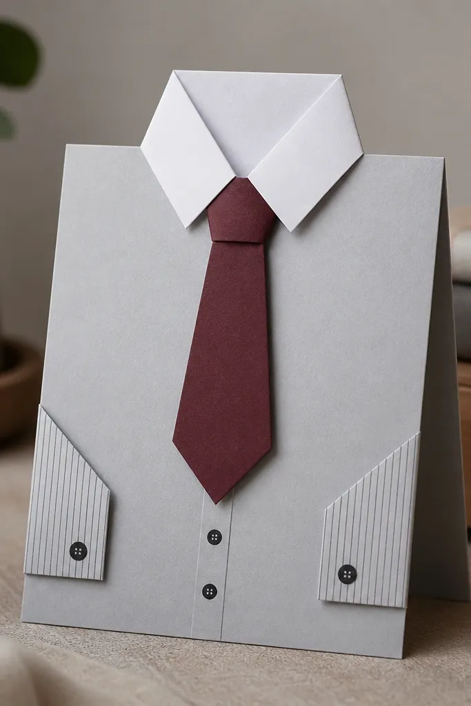 A card folded into a shirt shape with a collar and a tie. The shirt is light gray cardstock, the collar is white, and the tie is deep burgundy. Small black buttons are drawn with a fine pen and the cuffs show a subtle stripe pattern.