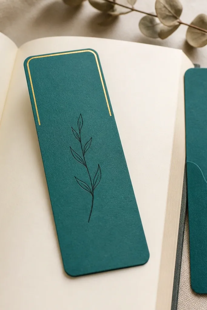 A thick paper bookmark in teal cardstock with rounded corners. It has a pocket cutout on the back holding a small rolled note. A thin gold foil strip frames the top edge, and the front has a single handwritten line in black ink.