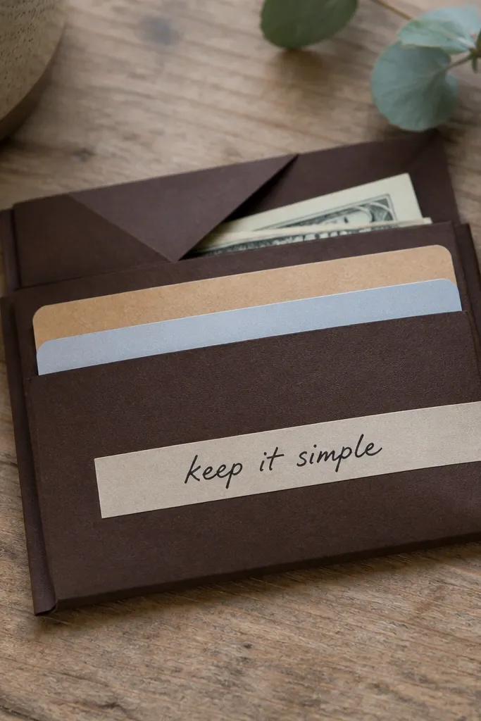 A slim paper wallet made from dark brown cardstock. It has two card slots and a small envelope pocket for cash. The edges are neatly burnished, and a cream strip label on the front reads a short message in black marker.