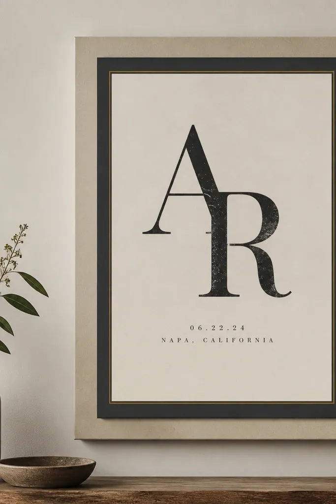 Two layered frames of cardstock on a wall. The top layer has oversized stamped initials in black ink, with a small date and location typed below. The background is light beige, and the inner border is charcoal with a thin gold line.