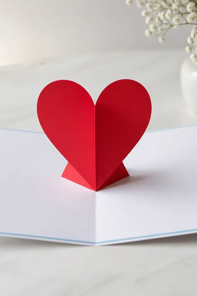 A standing pop-up heart inside a card. The card is white with a single light blue accent border. When opened, a red heart pops upward with clean folded edges and a simple message on the inside.