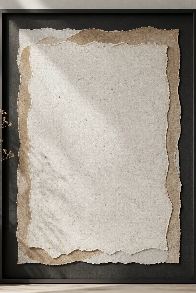 A wall-ready print on thick paper. The edges of the quote are framed with torn paper strips in off-white and tan, then layered with a charcoal mat. The quote is centered in black ink and the background has a subtle speckled texture.