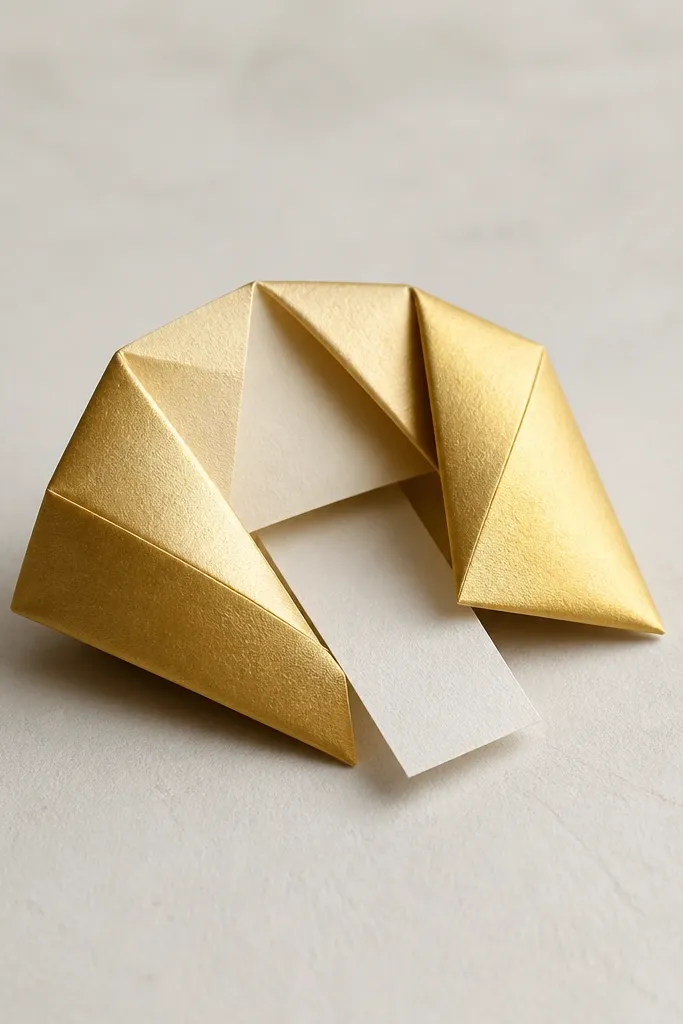 A small fortune-cookie shape made from gold and cream paper. It opens to reveal a tiny paper slip inside. The top has a folded crease pattern, and the outside shows a subtle metallic sheen.