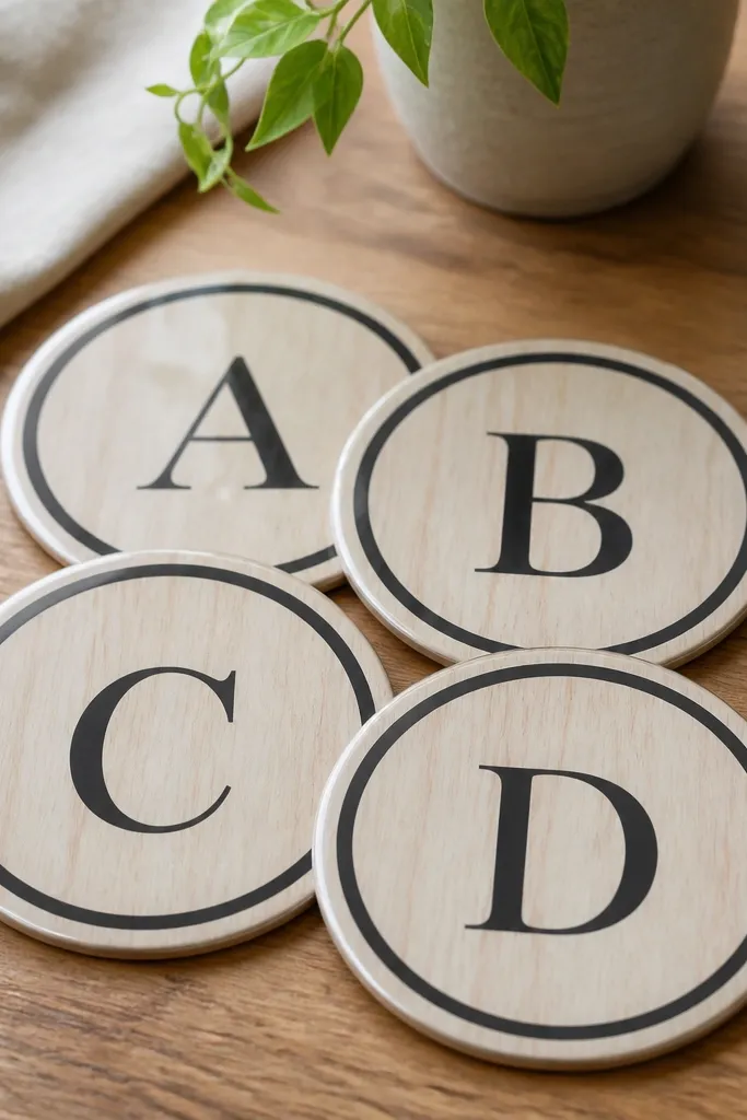 Four matching coasters made from laminated paper. Each has a bold initial in the center, with a dark circle border and a light woodgrain pattern background. The edges look smooth and rounded under clear lamination.