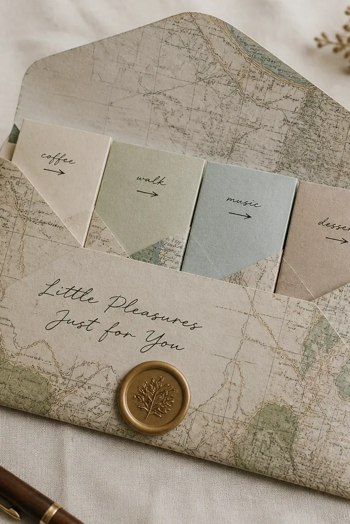 A letter-sized envelope with a map-style graphic background. Inside are four small folded cards labeled with arrows like 'coffee', 'walk', 'music', 'dessert'. The envelope front has a handwritten title and a waxy-looking seal sticker.