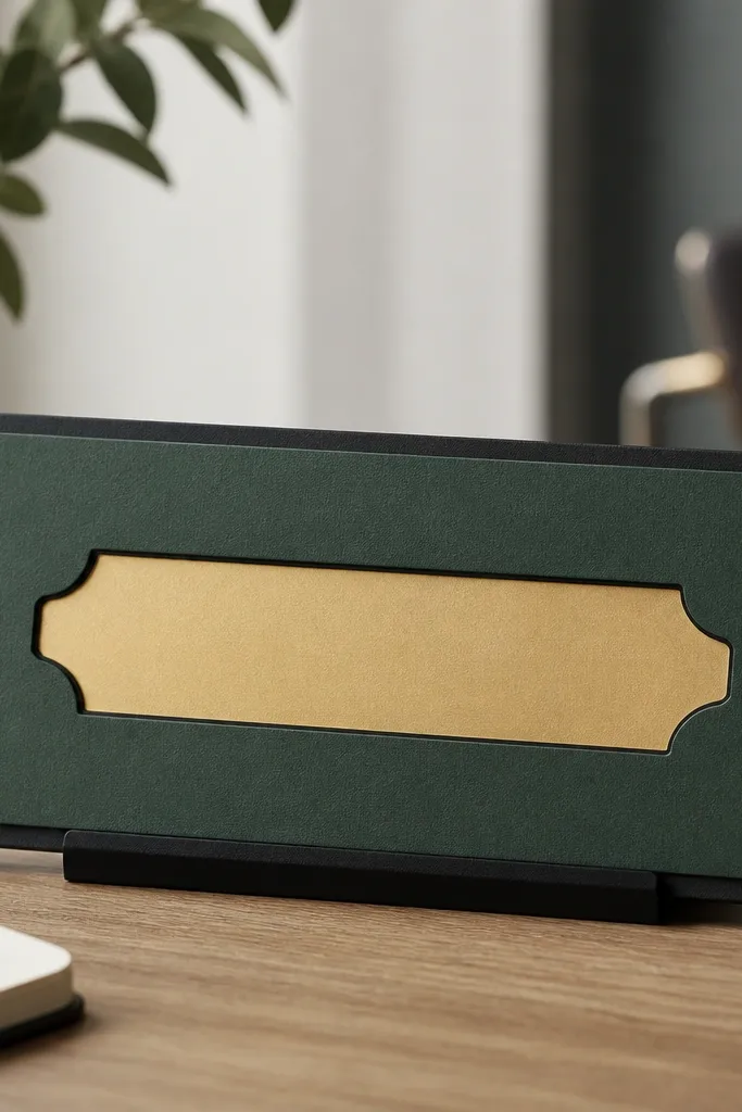 A desk nameplate made from layered cardstock. The base is black, the top layer is deep green, and the name is cut out and backed with brass-colored paper. The edges are clean and the piece sits on a small stand.