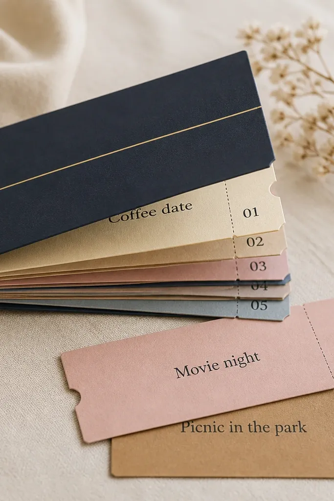 A small ticket book made from stacked cardstock strips. Each ticket has a perforation line effect and a number in the corner. The cover is dark navy with a gold line, and each ticket has a printed date reward like 'Movie night'.