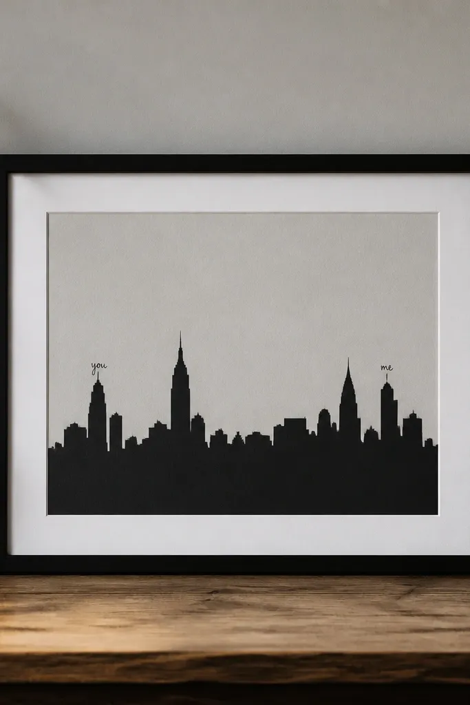 A small framed paper skyline. The background is soft gray matte paper, with a black skyline silhouette in the center. A thin white border surrounds the art, and tiny handwritten words 'you' and 'me' sit on separate buildings.