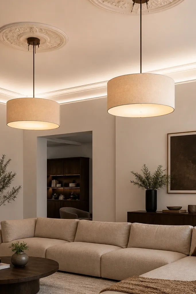 White cove lighting with two fabric drum pendant lights above a sofa