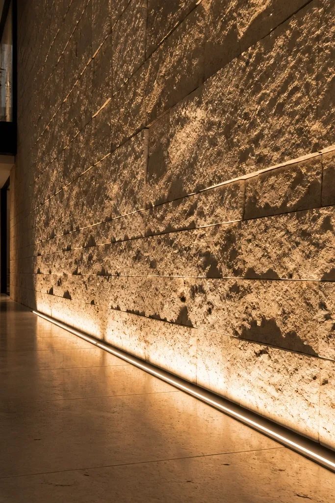 Warm linear up-light washing a stone wall with a simple ceiling fixture