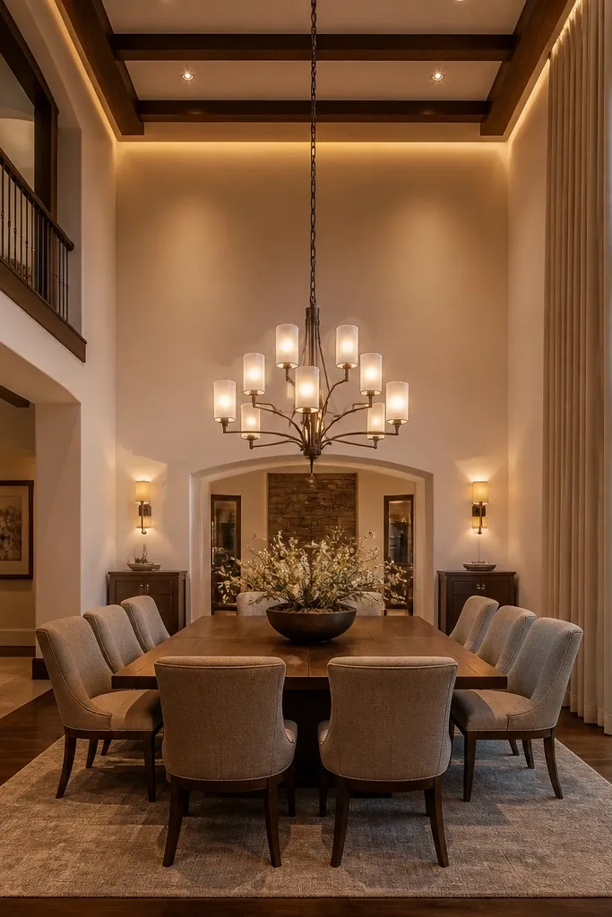 Frosted glass chandelier with soft LED perimeter lines along the ceiling edge