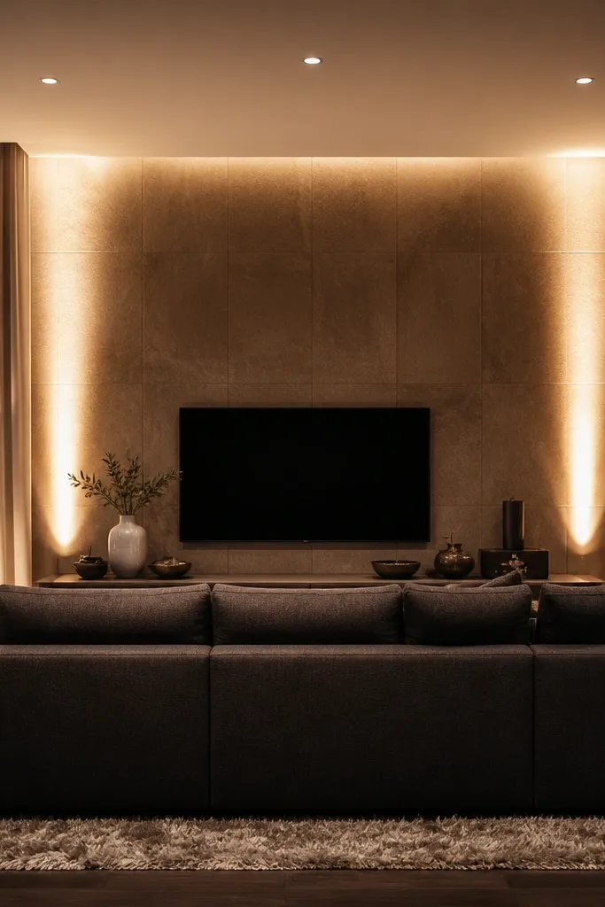 Two tall floor uplights behind sofas with slim recessed downlights