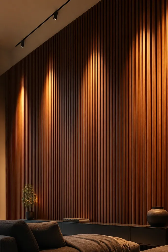 Wood slat feature wall with warm spotlights and a clean ceiling track line