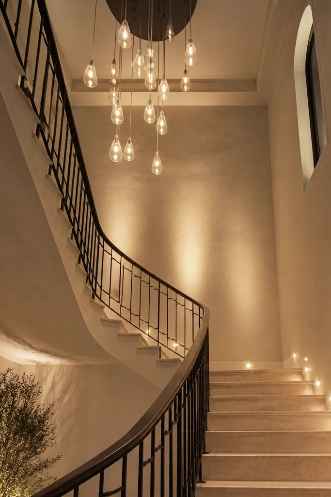 Warm step lights on a staircase with wall washing in the stair void