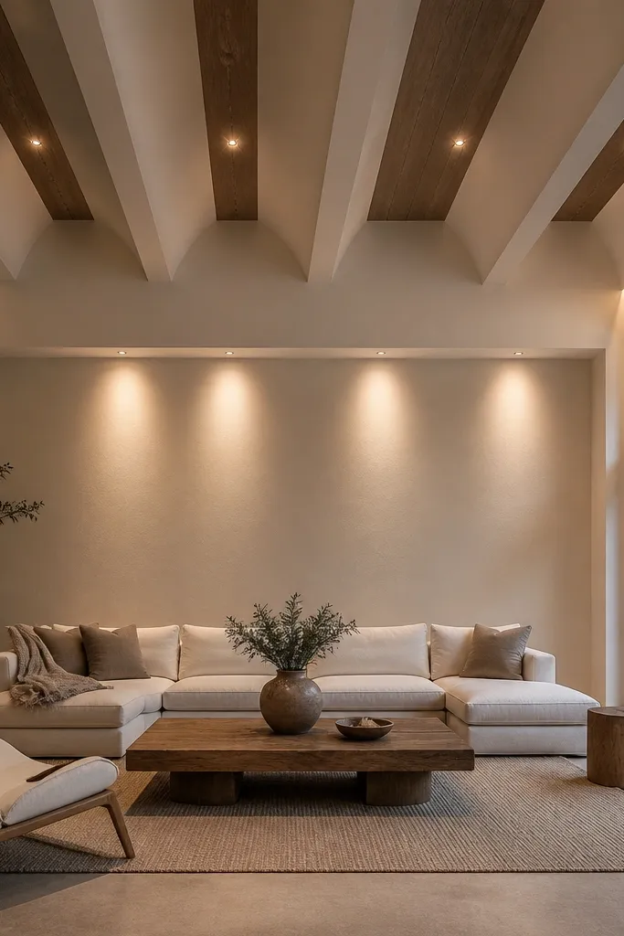 Ceiling beams with downlights and a soft warm halo around the room