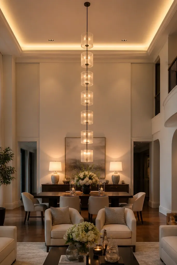 A vertical line of glass pendants with warm dimmed lighting scenes