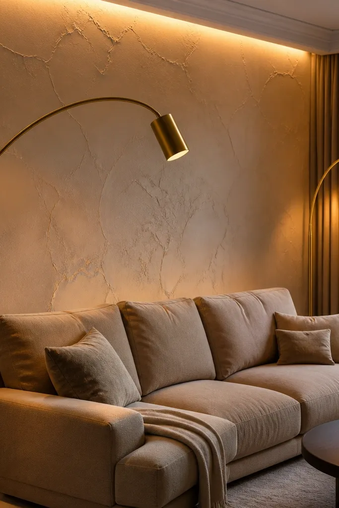 Textured wall with cove lighting and two arc floor lamps near seating