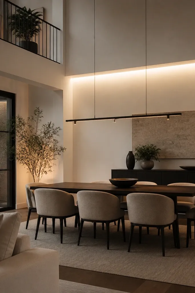 Black linear pendant over dining with bright white ceiling cove wash