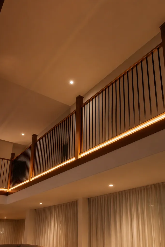 LED strips along a balcony railing with warm glow in a double-height living room