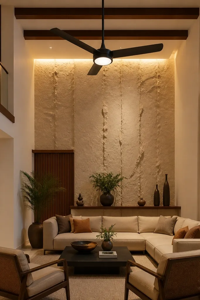 Ceiling fan with built-in light and wall grazing on a textured wall