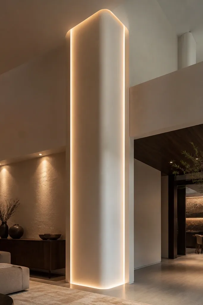 Plaster cove lighting wrapping a column with warm spot accents on walls