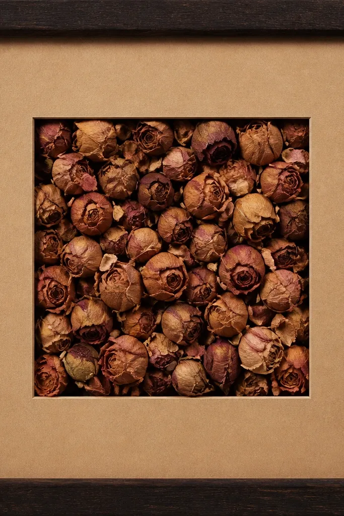 A dark wood frame with a kraft paper background. A centered square cutout window holds a dense cluster of small dried rosebuds in cinnamon and dusty brown. Loose petals sit only inside the window, with a clean paper border around them.