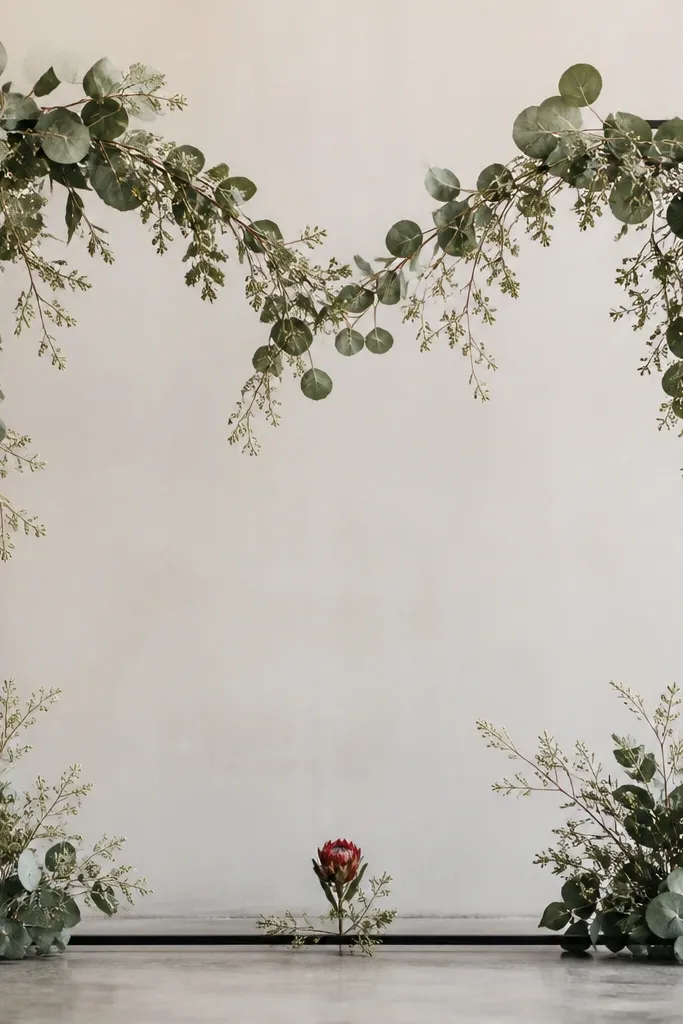 A black thin metal frame with eucalyptus-like dried greens arranged in a V shape across the top and corners. One small red dried bloom sits dead center on the lower third, with the rest staying green and airy.