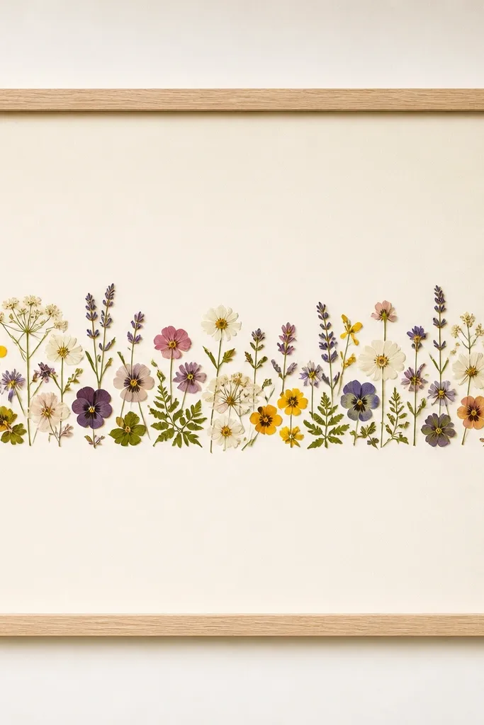 A pale wood frame with a long horizontal strip across the middle. Pressed dried wildflowers are arranged in a neat band, with individual petals visible and flat. The top and bottom areas are blank light cream paper.