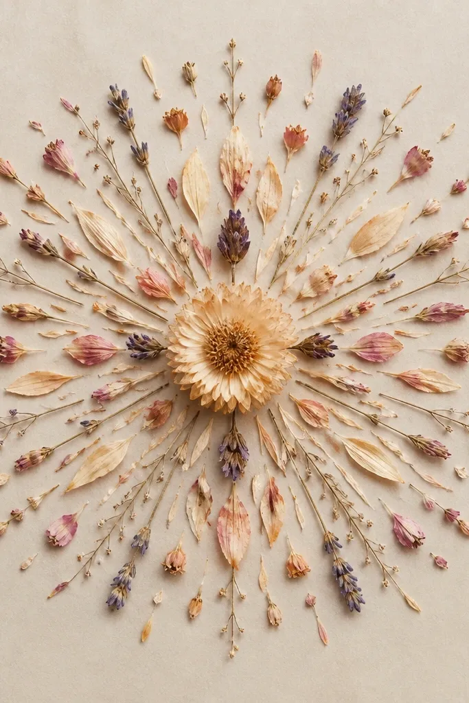 A round or square frame where dried petals and tiny sprigs radiate outward like a sunburst from the exact center. The center has one larger dried bloom, while the edges have shorter pieces for a clean gradient.