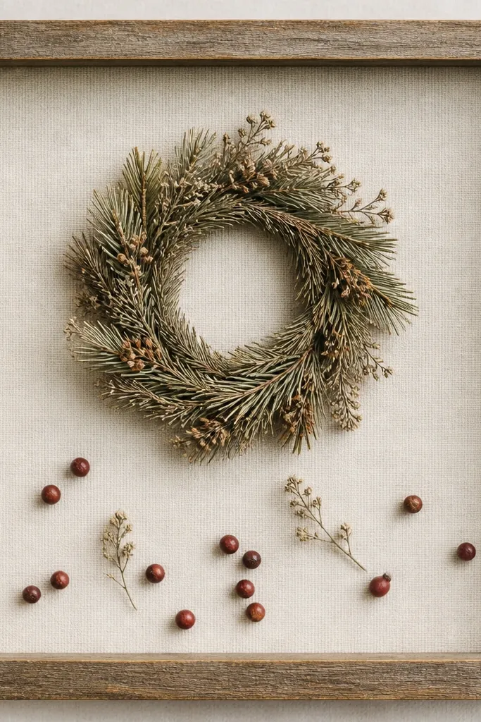 A small square frame with a miniature wreath made from dried pine tips and tiny sprigs. The wreath sits slightly above center, and the lower half has a sparse scatter of berries. Everything is contained and tidy.